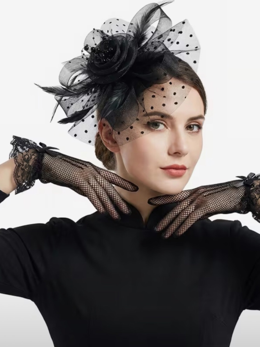Women’s Black Vintage Style Flower Mesh Tea Party Fascinators Derby Hat & Gloves